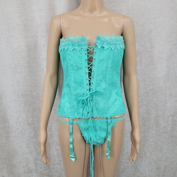 Frederick's of Hollywood Y2K Teal Mint Lace Up Corset Bustier and Matching Thong - Picture 1 of 12